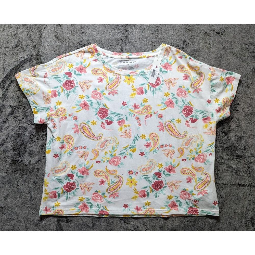 Ariat White Short Sleeve Tee with Pink, Yellow & Green Paisley Floral Print
